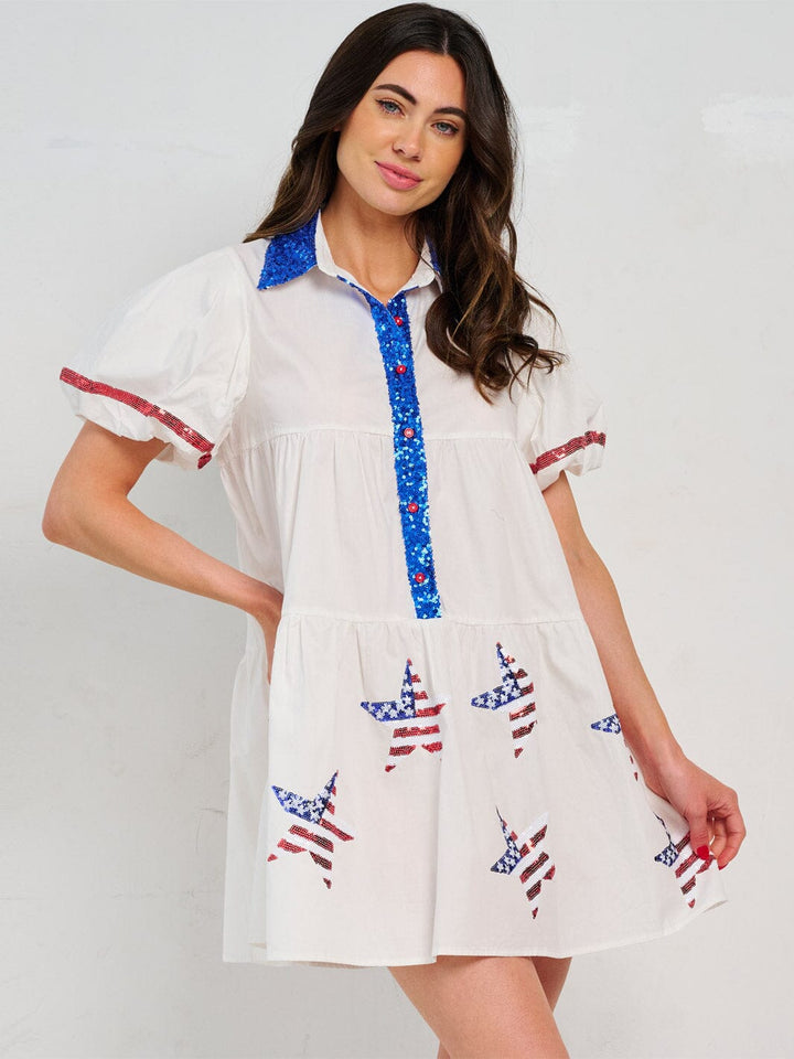 WOMEN'S SHORT PUFF SLEEVE FRONT POCKETS BUTTON CLOSURE GRAPHIC PATRIOTIC MINI DRESS