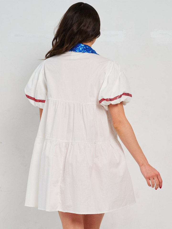 WOMEN'S SHORT PUFF SLEEVE FRONT POCKETS BUTTON CLOSURE GRAPHIC PATRIOTIC MINI DRESS