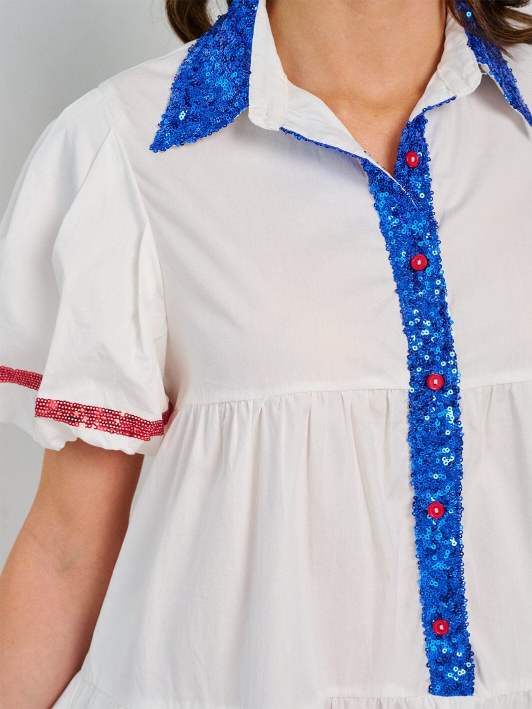 WOMEN'S SHORT PUFF SLEEVE FRONT POCKETS BUTTON CLOSURE GRAPHIC PATRIOTIC MINI DRESS