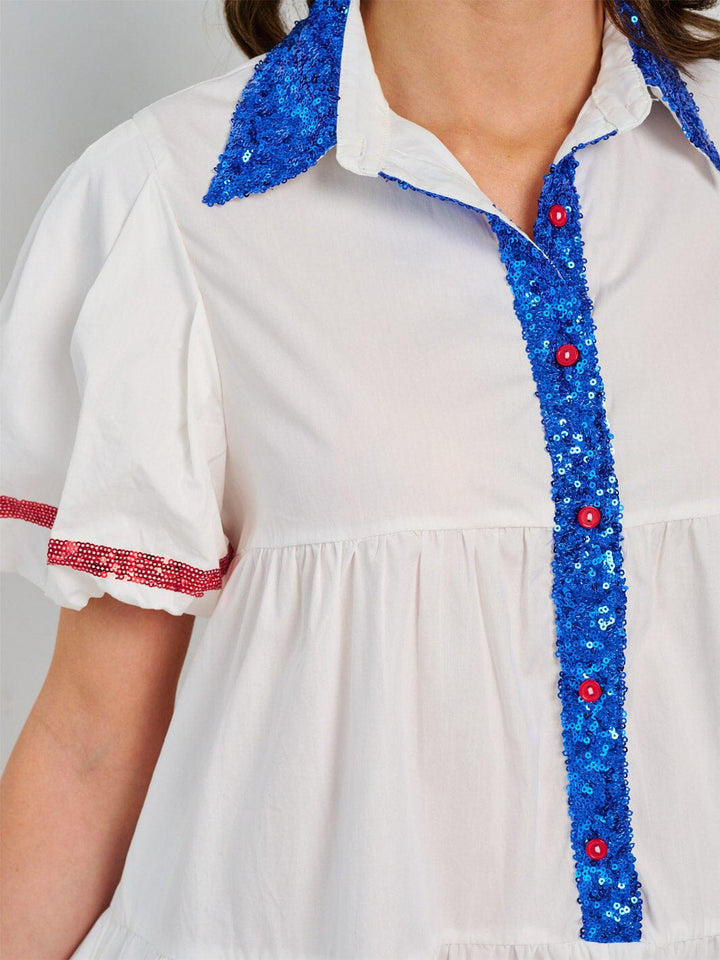WOMEN'S SHORT PUFF SLEEVE FRONT POCKETS BUTTON CLOSURE GRAPHIC PATRIOTIC MINI DRESS