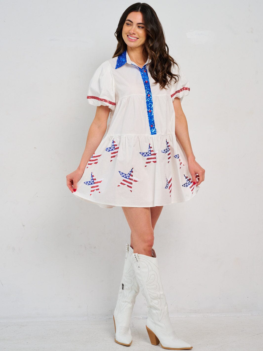 WOMEN'S SHORT PUFF SLEEVE FRONT POCKETS BUTTON CLOSURE GRAPHIC PATRIOTIC MINI DRESS