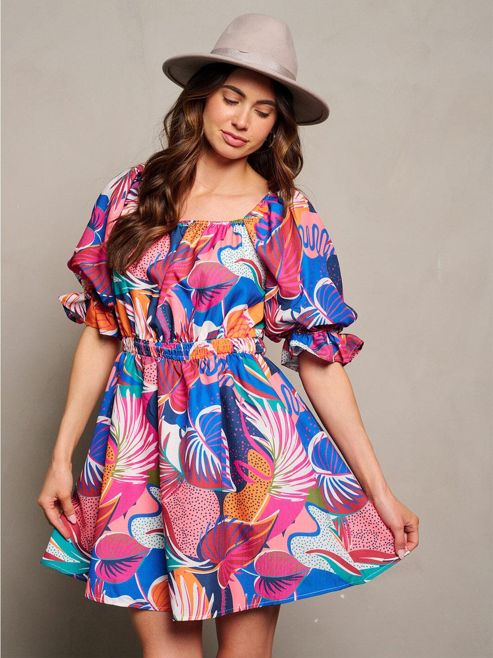 WOMEN'S SHORT PUFF SLEEVE ELASTIC WAIST LEAF PRINT MINI DRESS