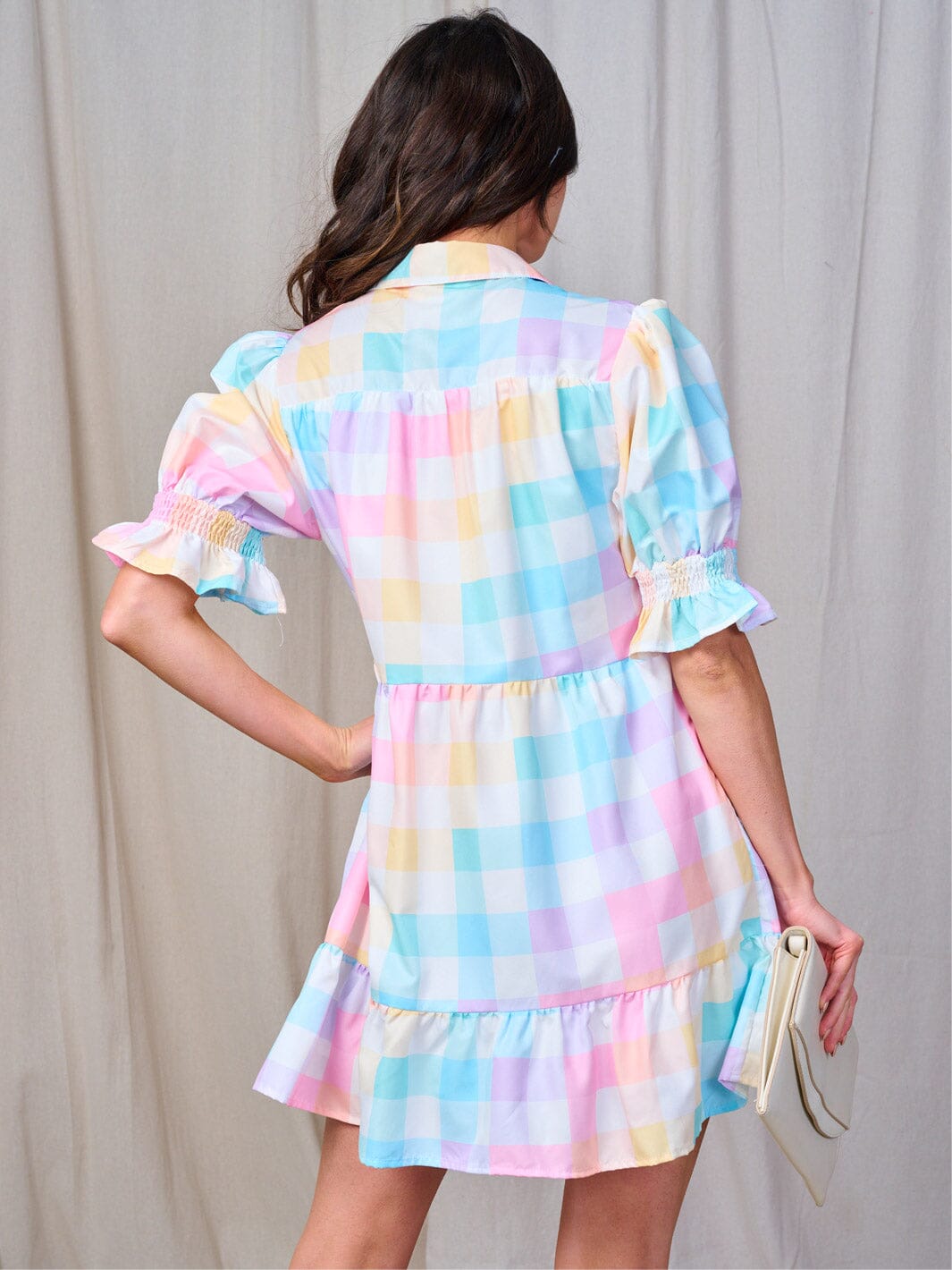 WOMEN'S SHORT SLEEVE BUTTON UP COLORBLOCK PLAID MINI DRESS
