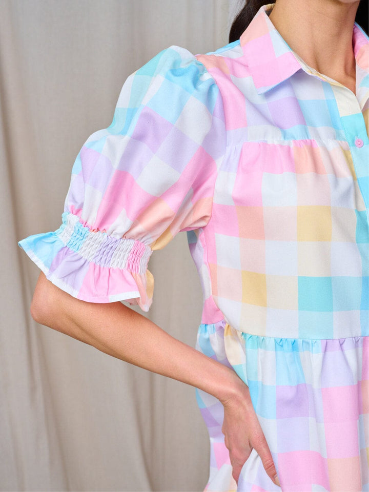 WOMEN'S SHORT SLEEVE BUTTON UP COLORBLOCK PLAID MINI DRESS