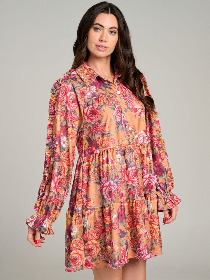 WOMEN'S LONG SLEEVE BUTTON UP POCKETS FLORAL TIERED TUNIC MINI DRESS