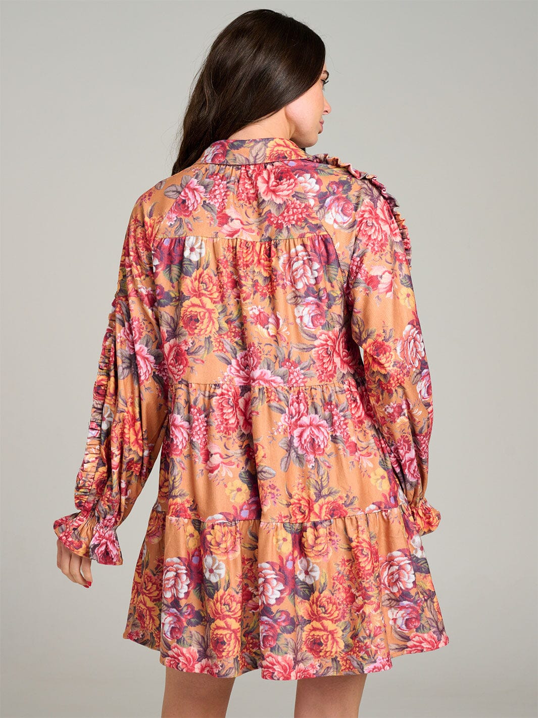 WOMEN'S LONG SLEEVE BUTTON UP POCKETS FLORAL TIERED TUNIC MINI DRESS