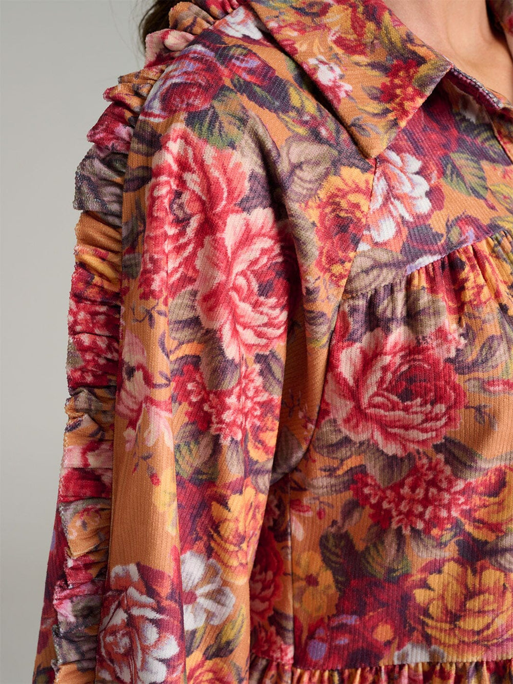 WOMEN'S LONG SLEEVE BUTTON UP POCKETS FLORAL TIERED TUNIC MINI DRESS