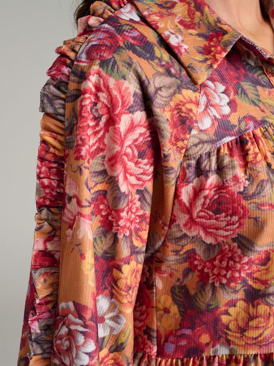 WOMEN'S LONG SLEEVE BUTTON UP POCKETS FLORAL TIERED TUNIC MINI DRESS