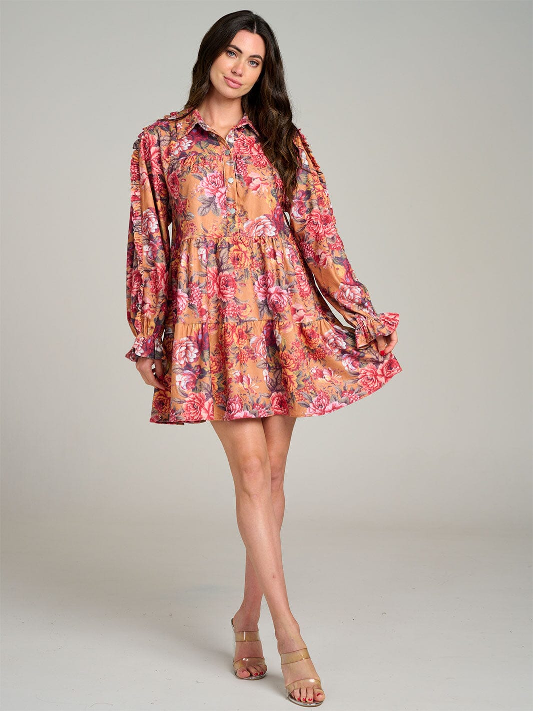WOMEN'S LONG SLEEVE BUTTON UP POCKETS FLORAL TIERED TUNIC MINI DRESS