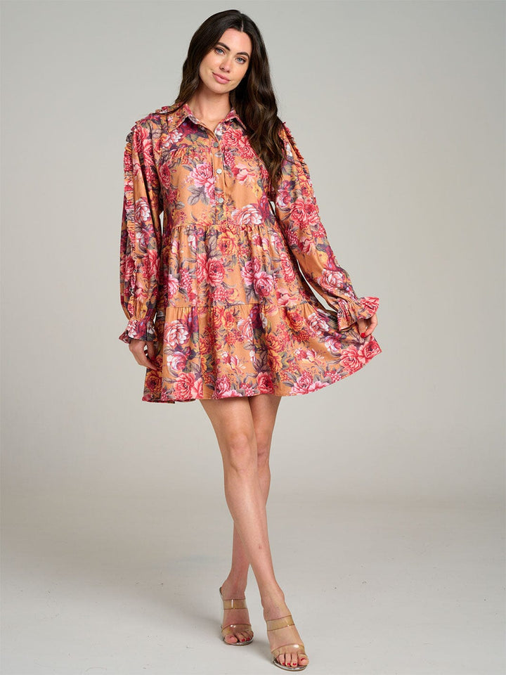 WOMEN'S LONG SLEEVE BUTTON UP POCKETS FLORAL TIERED TUNIC MINI DRESS