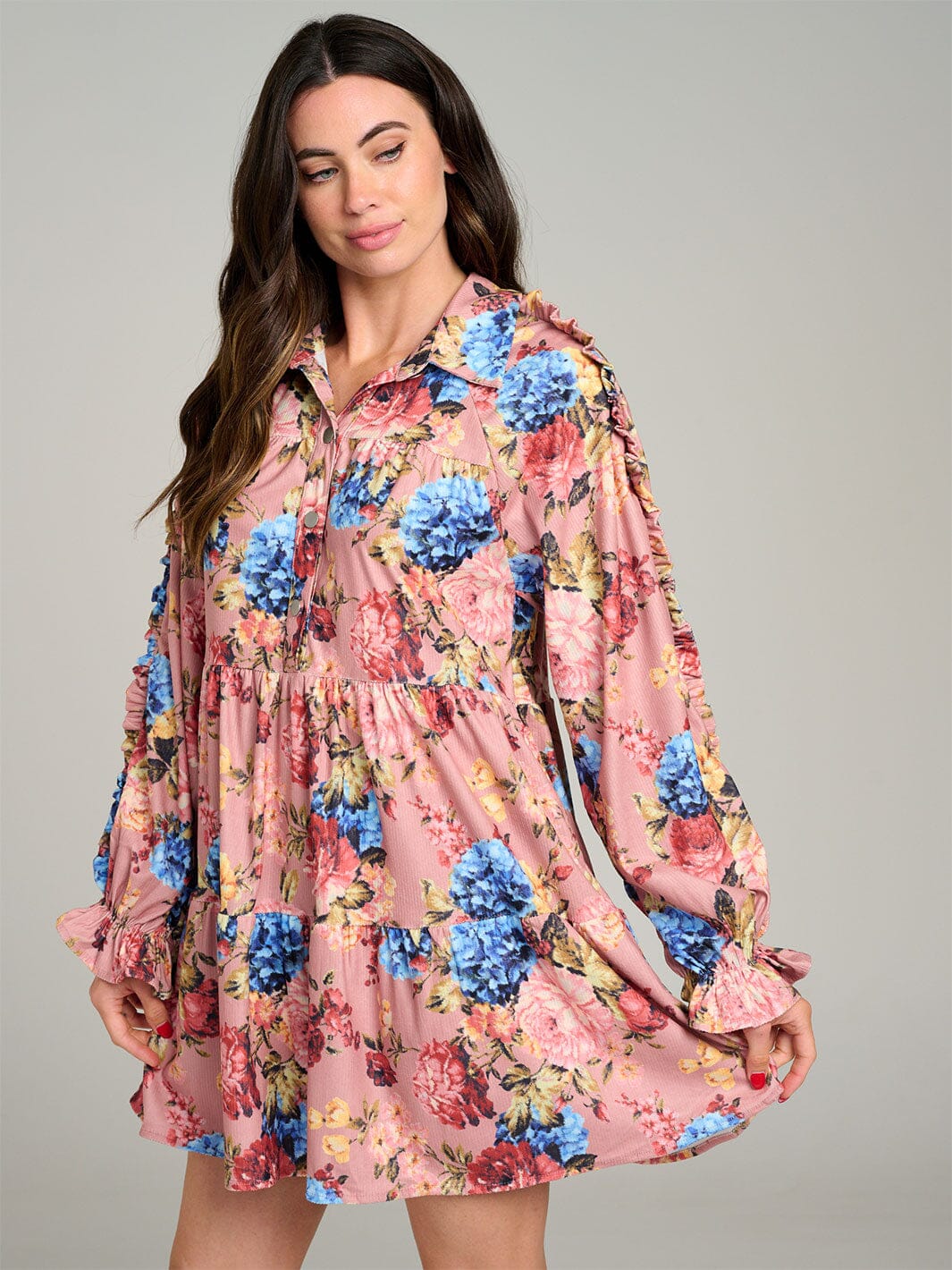 WOMEN'S LONG SLEEVE BUTTON UP POCKETS FLORAL TIERED TUNIC MINI DRESS