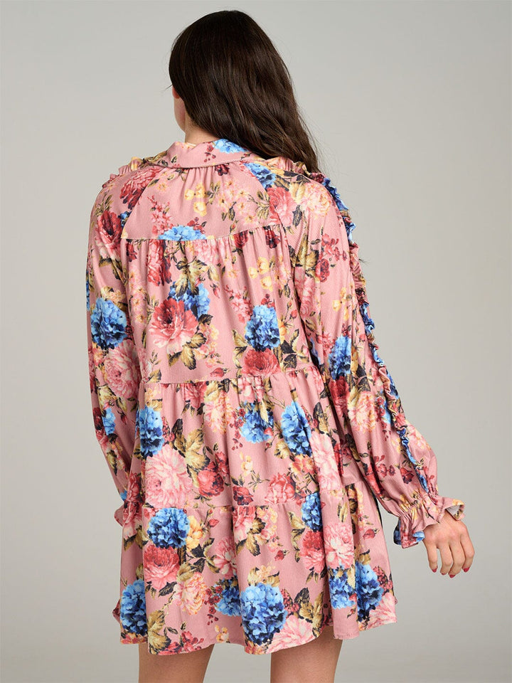 WOMEN'S LONG SLEEVE BUTTON UP POCKETS FLORAL TIERED TUNIC MINI DRESS