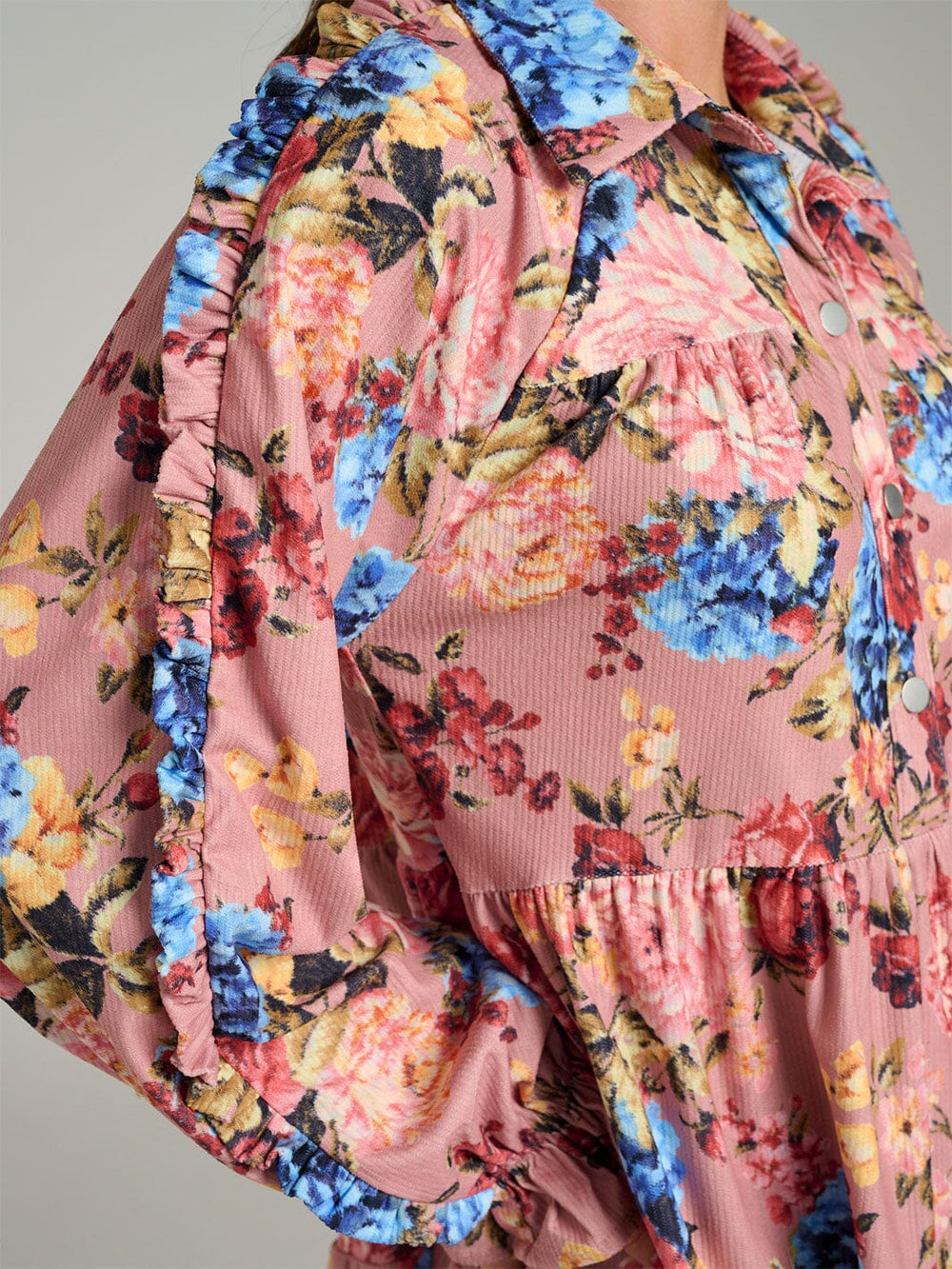 WOMEN'S LONG SLEEVE BUTTON UP POCKETS FLORAL TIERED TUNIC MINI DRESS
