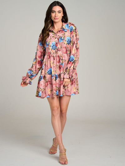 WOMEN'S LONG SLEEVE BUTTON UP POCKETS FLORAL TIERED TUNIC MINI DRESS