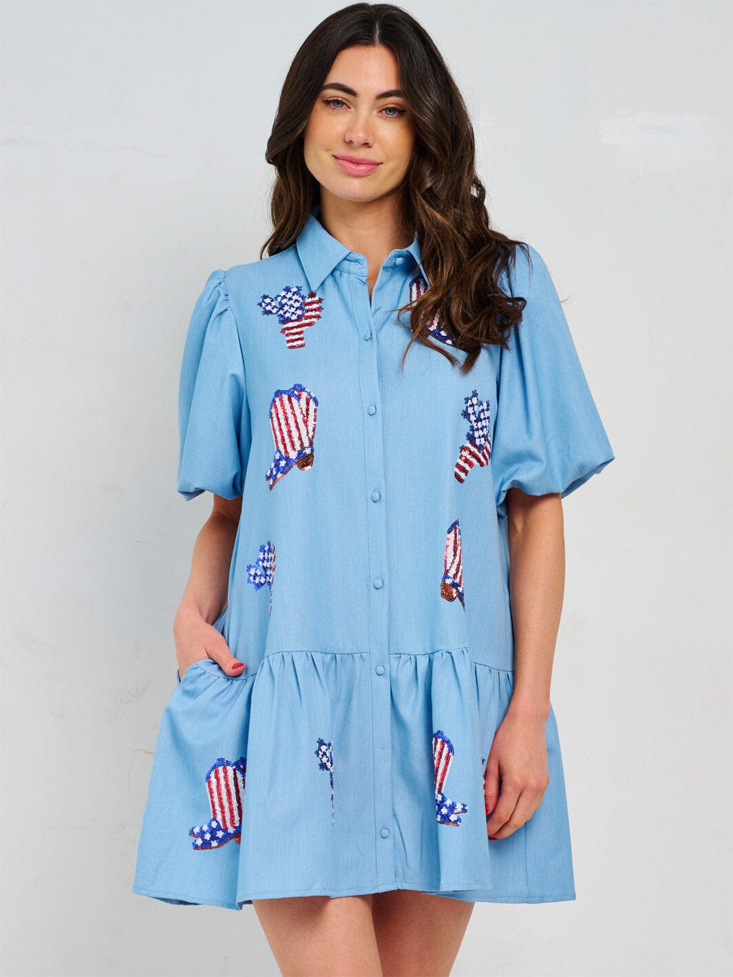 WOMEN'S SHORT PUFF SLEEVE FRONT POCKETS BUTTON CLOSURE GRAPHIC SEQUINS MINI DRESS