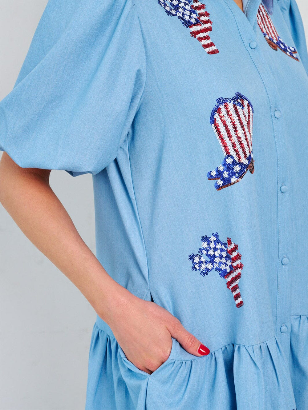 WOMEN'S SHORT PUFF SLEEVE FRONT POCKETS BUTTON CLOSURE GRAPHIC SEQUINS MINI DRESS