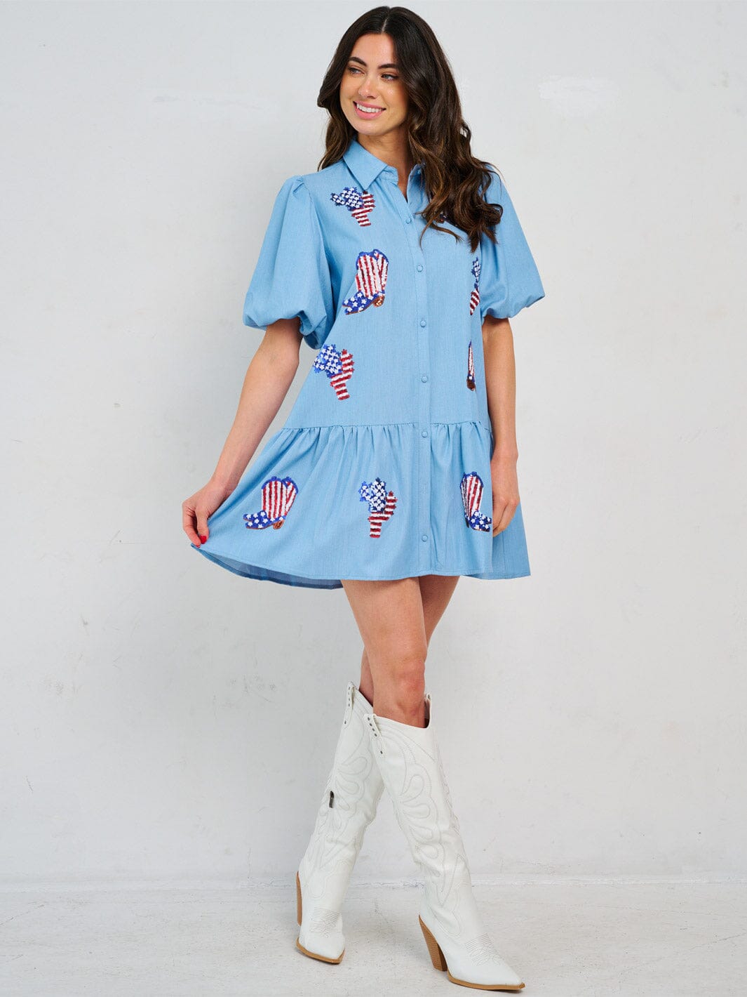 WOMEN'S SHORT PUFF SLEEVE FRONT POCKETS BUTTON CLOSURE GRAPHIC SEQUINS MINI DRESS