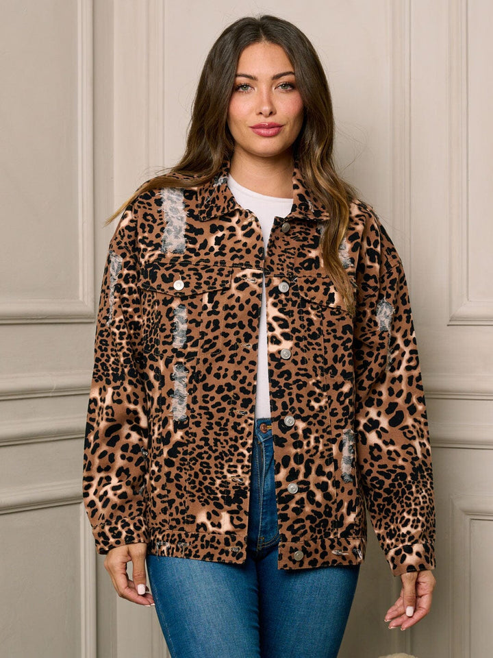 WOMEN'S LONG SLEEVE BUTTON UP ANIMAL PRINT DISTRESS DENIM JACKET
