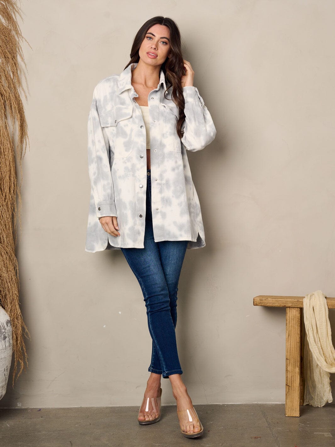 WOMEN'S LONG SLEEVE BUTTON UP TIE DYE DENIM JACKET