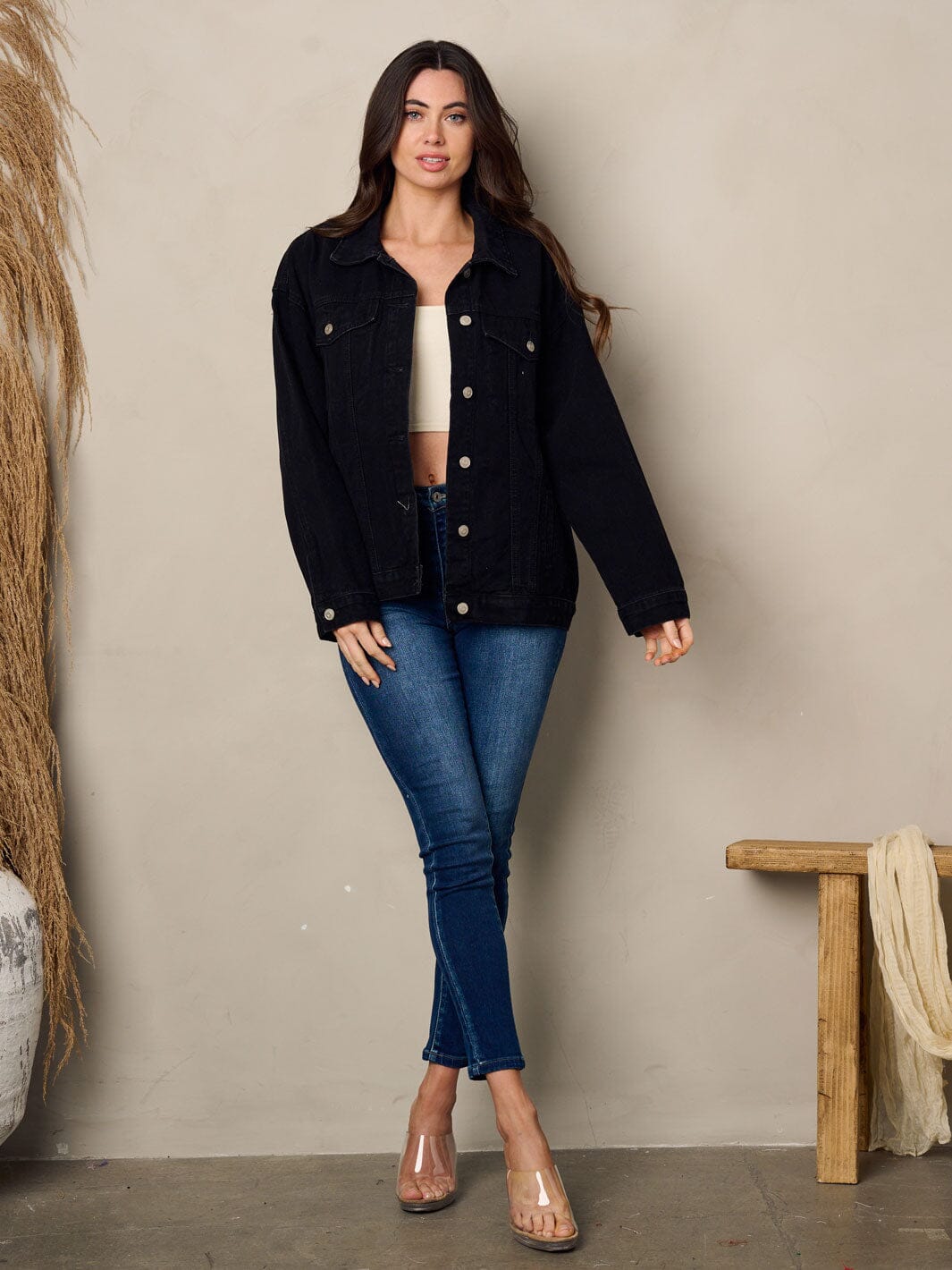 WOMEN'S LONG SLEEVE BUTTON UP BACK GRAPHIC DETAILED DENIM JACKET