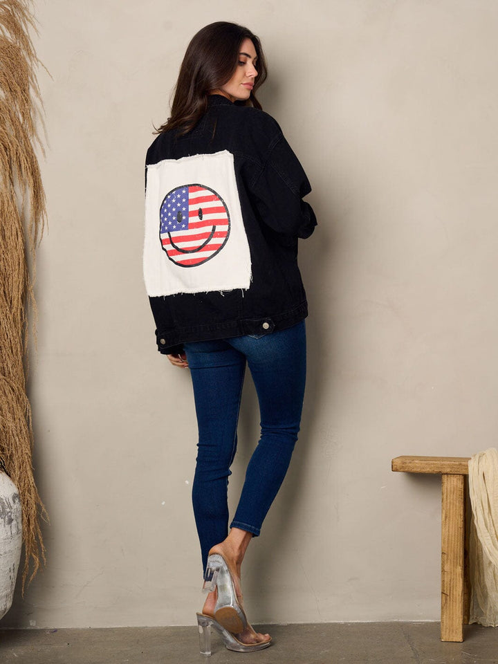 WOMEN'S LONG SLEEVE BUTTON UP BACK GRAPHIC DETAILED DENIM JACKET
