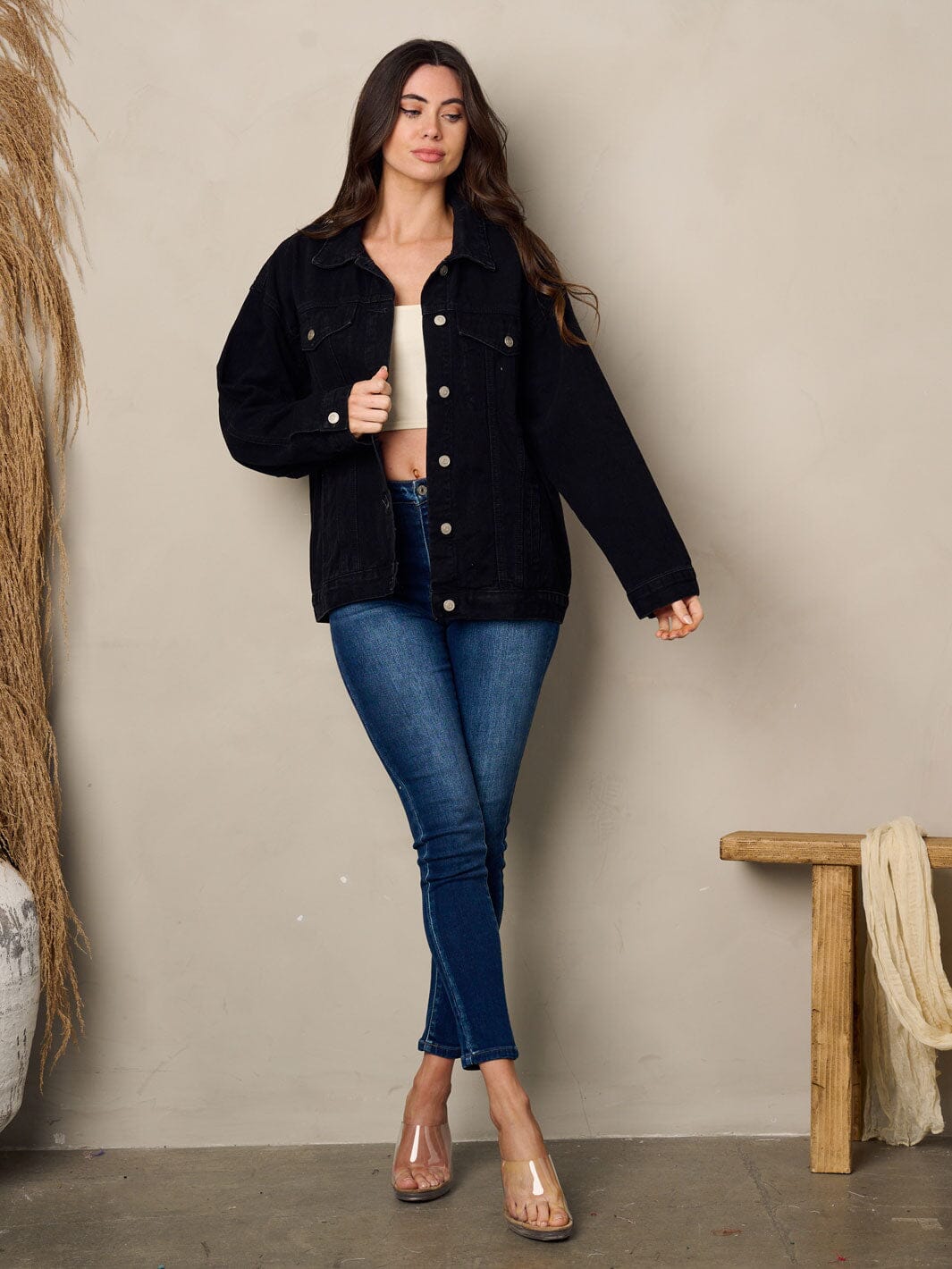 WOMEN'S LONG SLEEVE BUTTON UP BACK GRAPHIC DETAILED DENIM JACKET