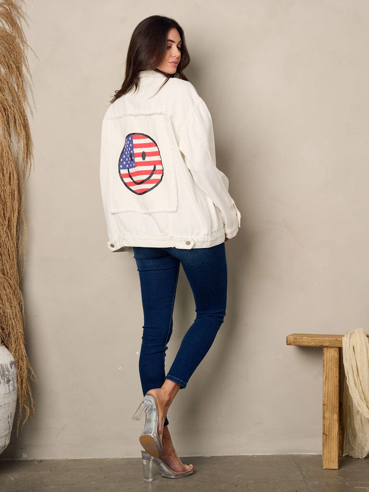 WOMEN'S LONG SLEEVE BUTTON UP BACK GRAPHIC DETAILED DENIM JACKET