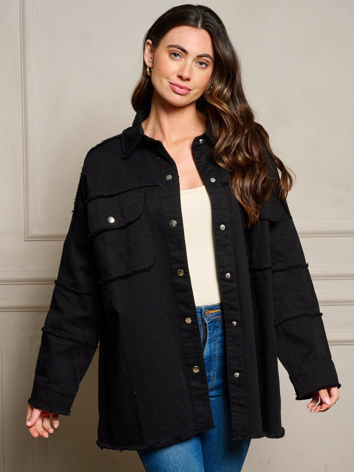 WOMEN'S LONG SLEEVE GRAPHIC BUTTON UP RAW EDGE DENIM JACKET