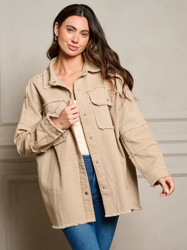 WOMEN'S LONG SLEEVE GRAPHIC BUTTON UP RAW EDGE DENIM JACKET
