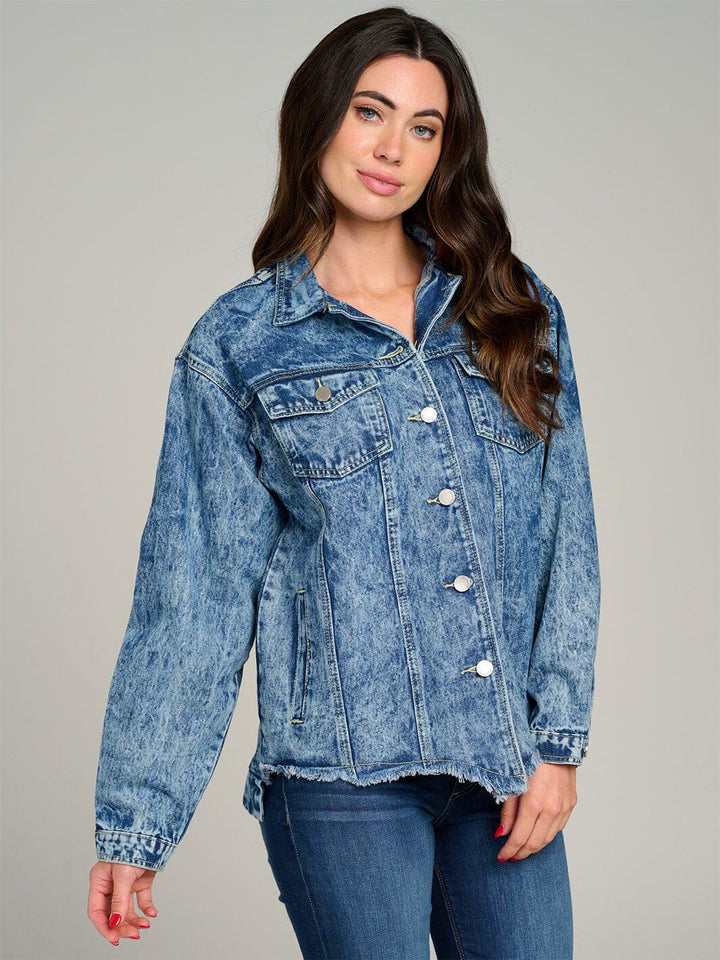 WOMEN'S LONG SLEEVE BUTTON CLOSURE FRONT POCKET WASHED DENIM JACKET