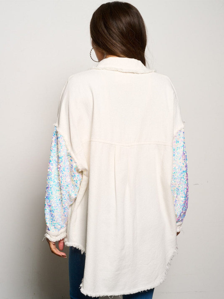 WOMEN'S LONG SLEEVE BUTTON CLOSURE SEQUINS POCKETS DENIM JACKET
