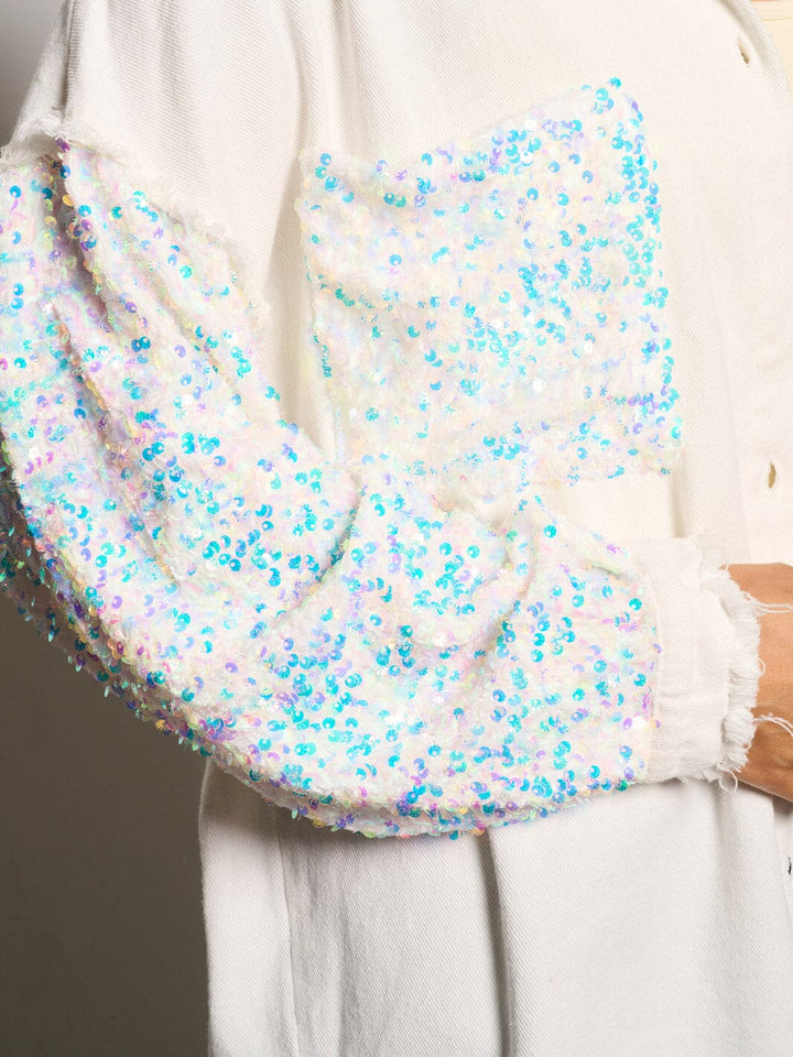 WOMEN'S LONG SLEEVE BUTTON CLOSURE SEQUINS POCKETS DENIM JACKET