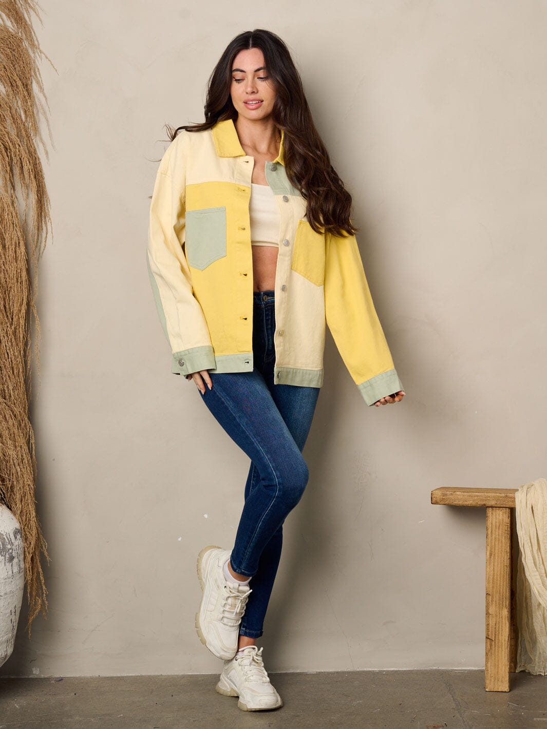 WOMEN'S LONG SLEEVE BUTTON UP COLORBLOCK DENIM JACKET