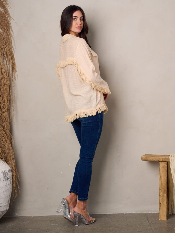WOMEN'S LONG SLEEVE BUTTON UP RAW BOTTOM HEM TOP