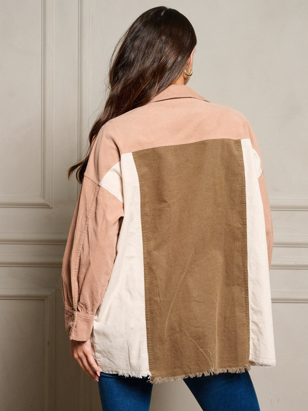 WOMEN'S LONG SLEEVE BUTTON UP COLORBLOCK CORDUROY TOP