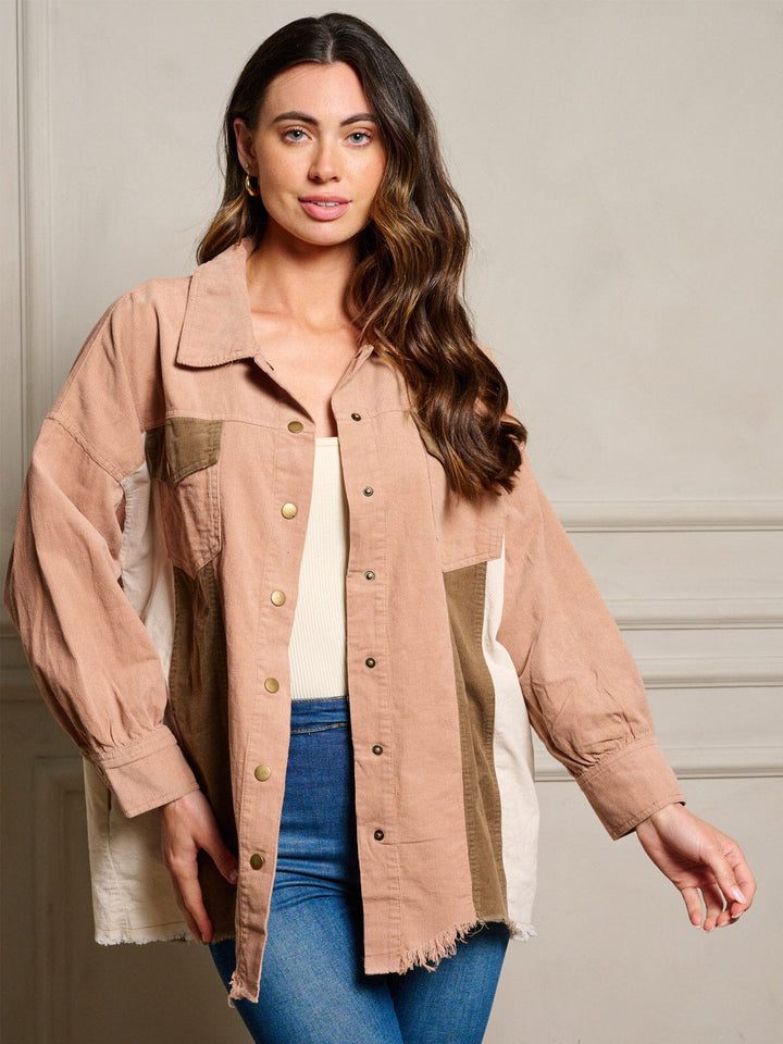 WOMEN'S LONG SLEEVE BUTTON UP COLORBLOCK CORDUROY TOP