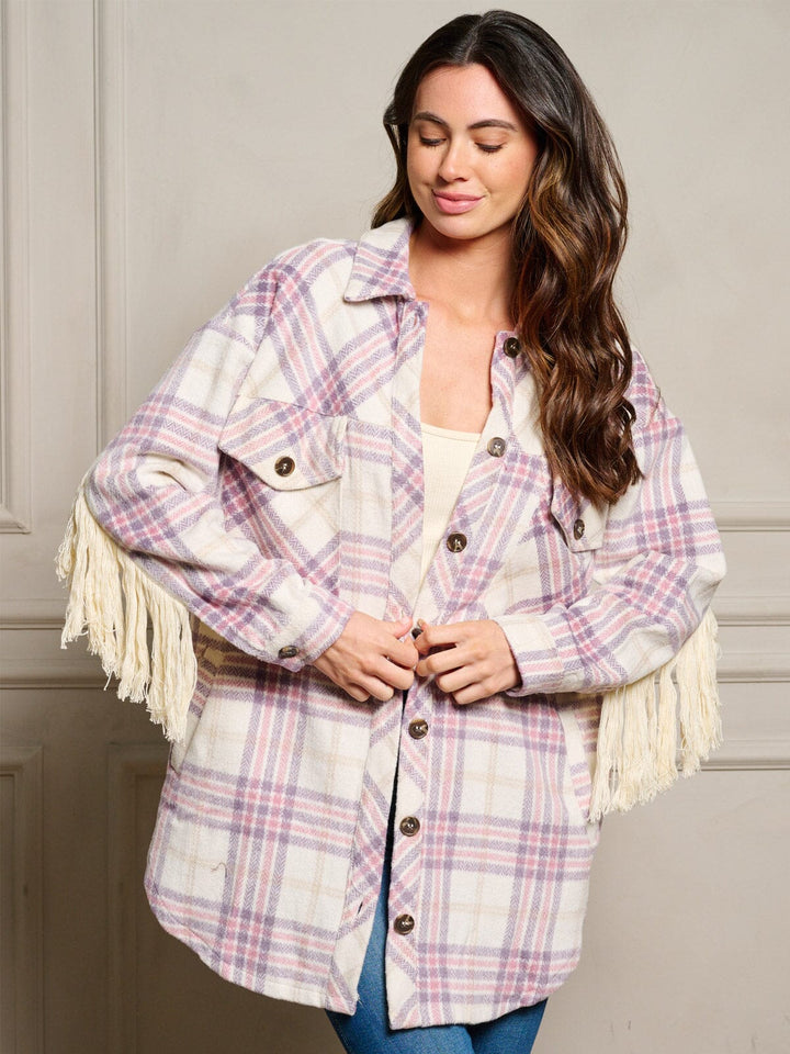 WOMEN'S LONG SLEEVE BUTTON UP FRINGE BACK DETAILED PLAID JACKET