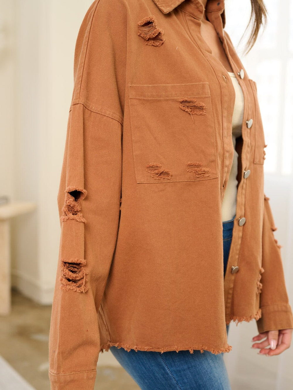 WOMEN'S LONG SLEEVE BUTTON UP DISTRESS JACKET