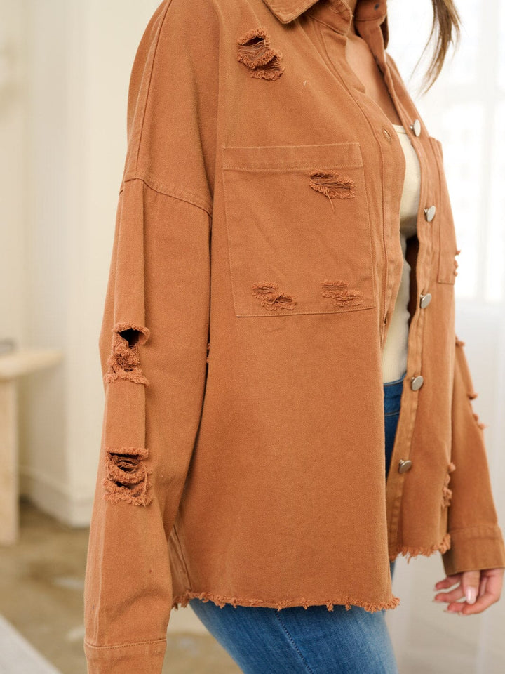 WOMEN'S LONG SLEEVE BUTTON UP DISTRESS JACKET