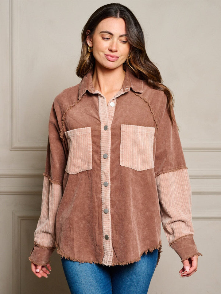 WOMEN'S LONG SLEEVES BUTTON UP FRONT POCKETS COLORBLOCK OVERSIZED TOP