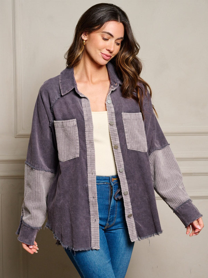 WOMEN'S LONG SLEEVES BUTTON UP FRONT POCKETS COLORBLOCK OVERSIZED TOP