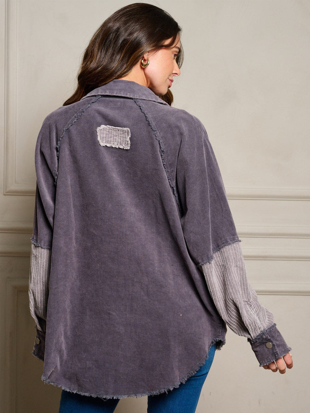 WOMEN'S LONG SLEEVES BUTTON UP FRONT POCKETS COLORBLOCK OVERSIZED TOP