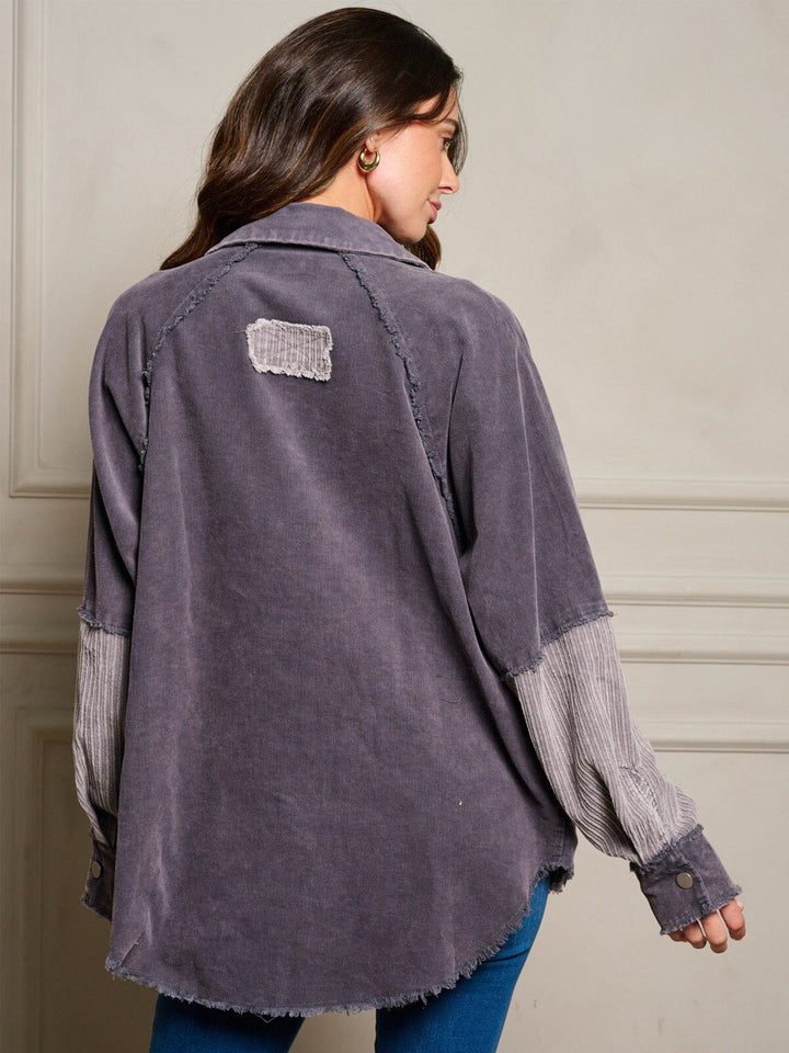 WOMEN'S LONG SLEEVES BUTTON UP FRONT POCKETS COLORBLOCK OVERSIZED TOP