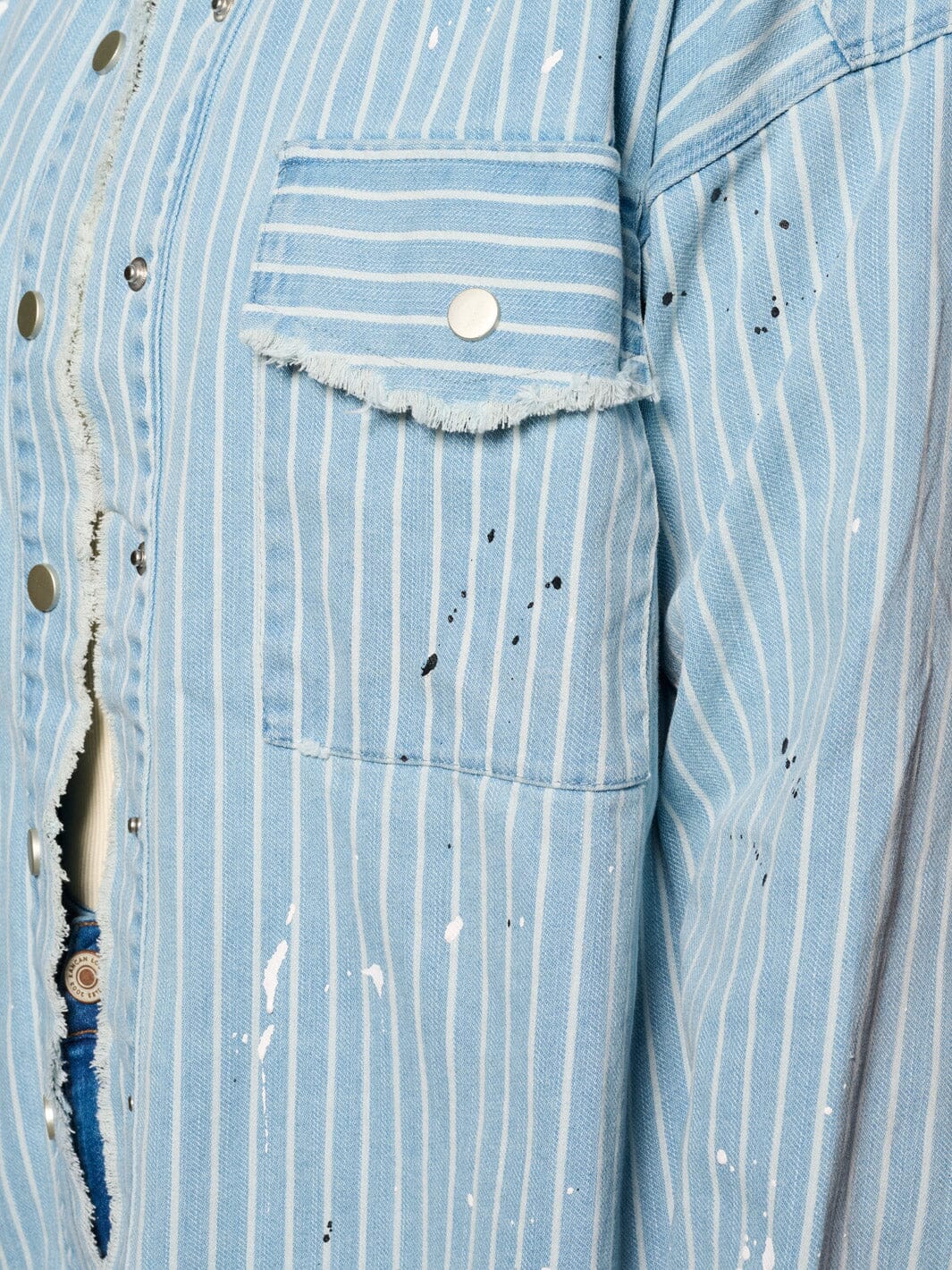 WOMEN'S LONG SLEEVE BUTTON CLOSURE PAINT SPLATTER DENIM TOP