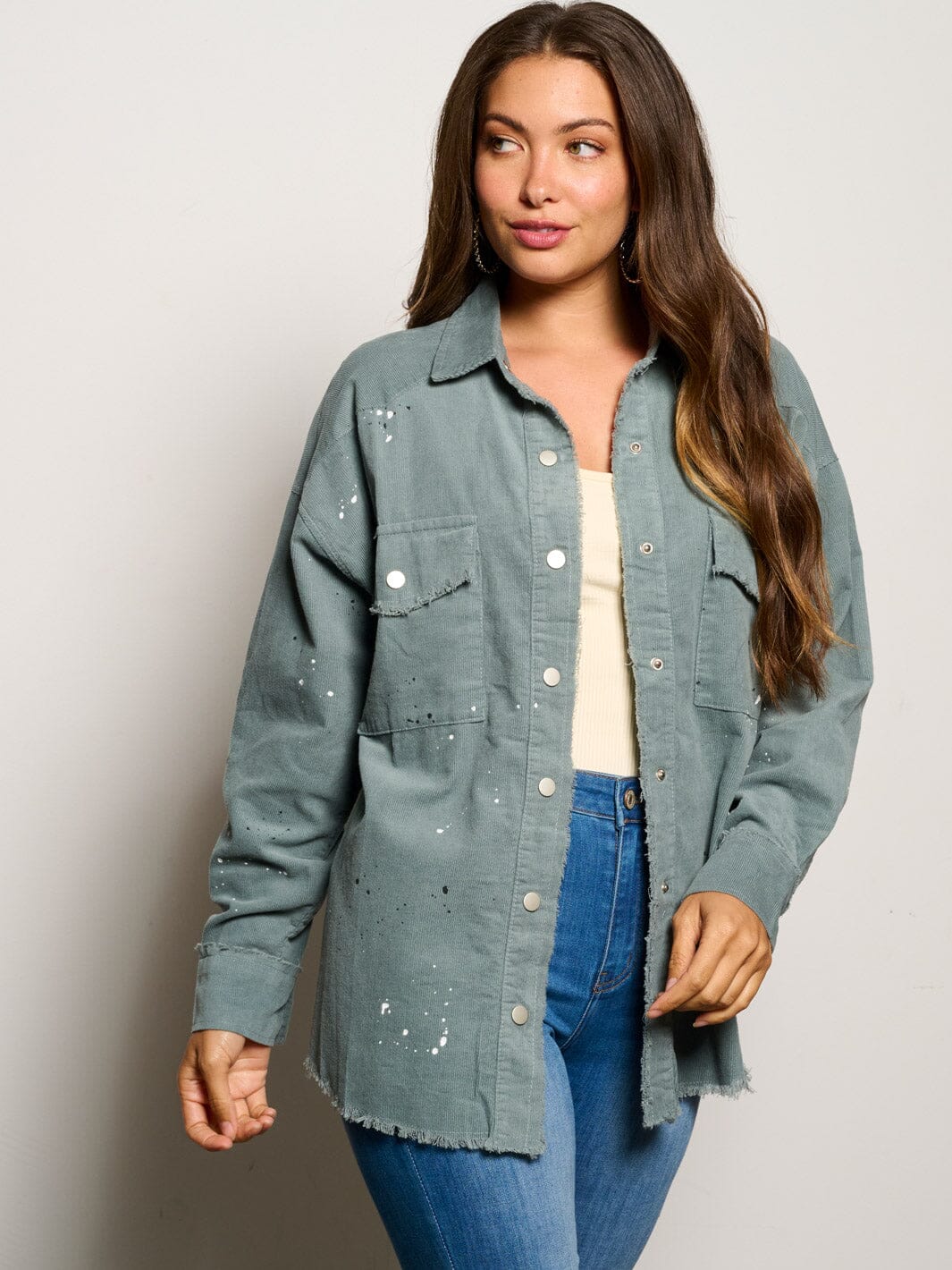 WOMEN'S LONG SLEEVE BUTTON CLOSURE PAINT SPLATTER CORDUROY TOP