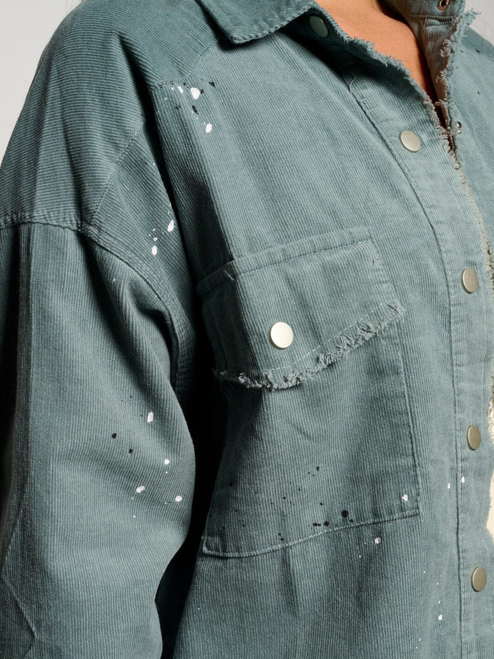 WOMEN'S LONG SLEEVE BUTTON CLOSURE PAINT SPLATTER CORDUROY TOP