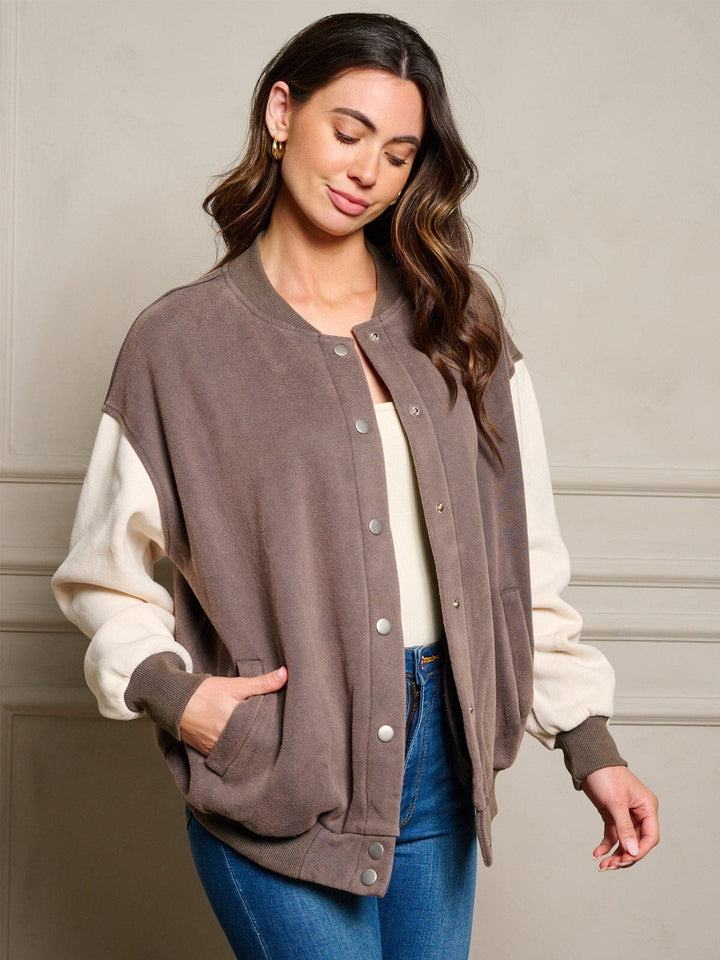 WOMEN'S LONG SLEEVE BUTTON UP STUDS BACK DETAILED COLORBLOCK JACKET