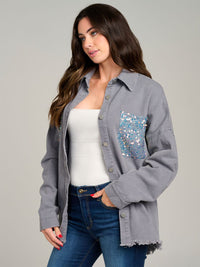 WOMEN'S LONG SLEEVE BUTTON UP FRONT POCKET GRAPHIC DENIM JACKET