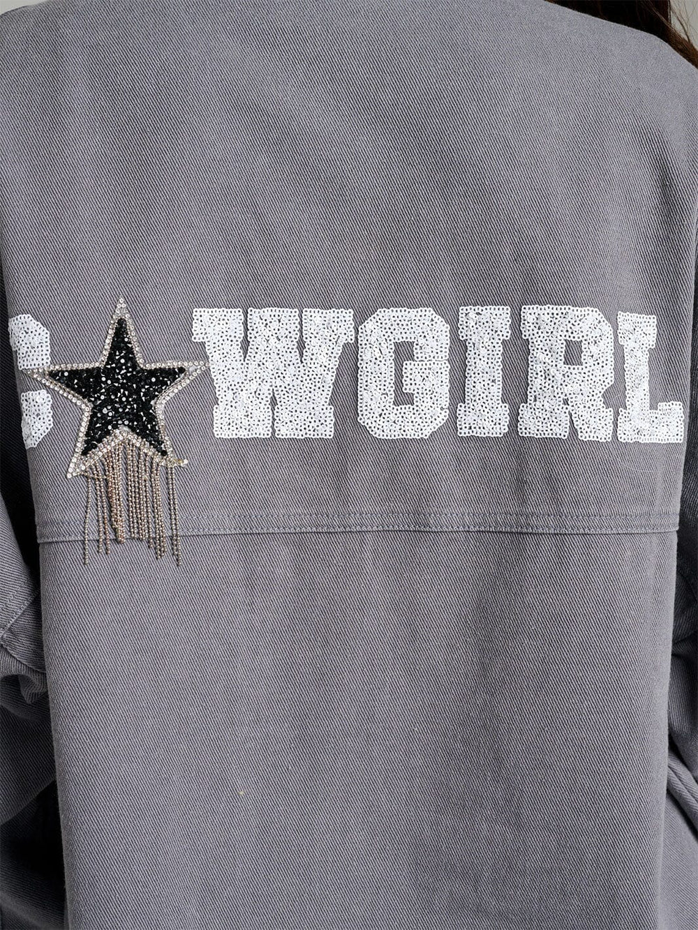 WOMEN'S LONG SLEEVE BUTTON UP FRONT POCKET GRAPHIC DENIM JACKET