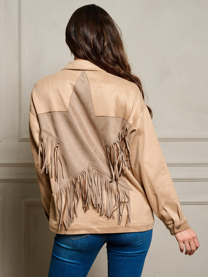WOMEN'S LONG SLEEVE BUTTON UP STAR FRINGE BACK DETAILED JACKET